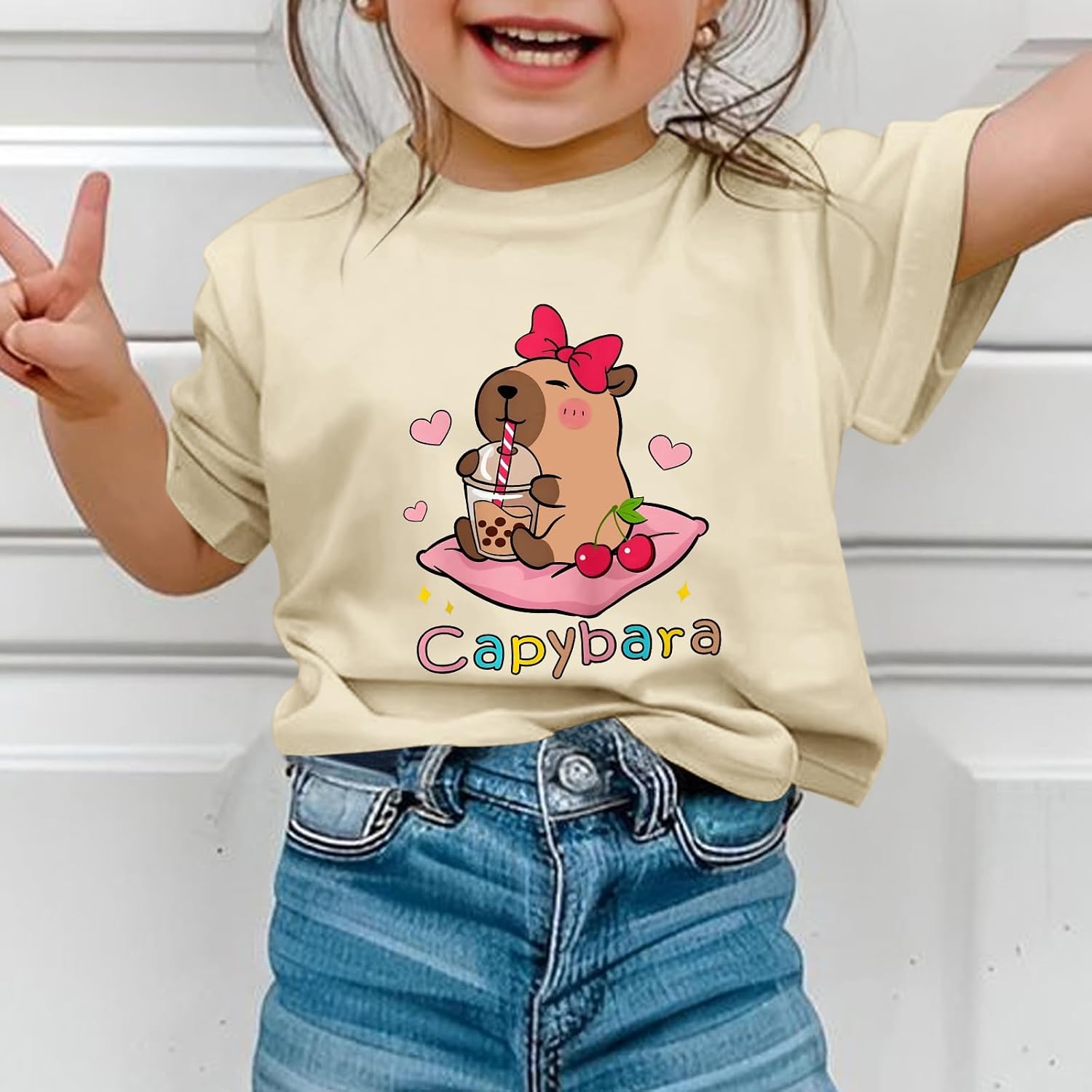 Girls Capybara Shirt Kids Cute Graphic Tees Kawaii Animal Print Shirts Funny Capybaras Cartoon Theme Summer Outfits