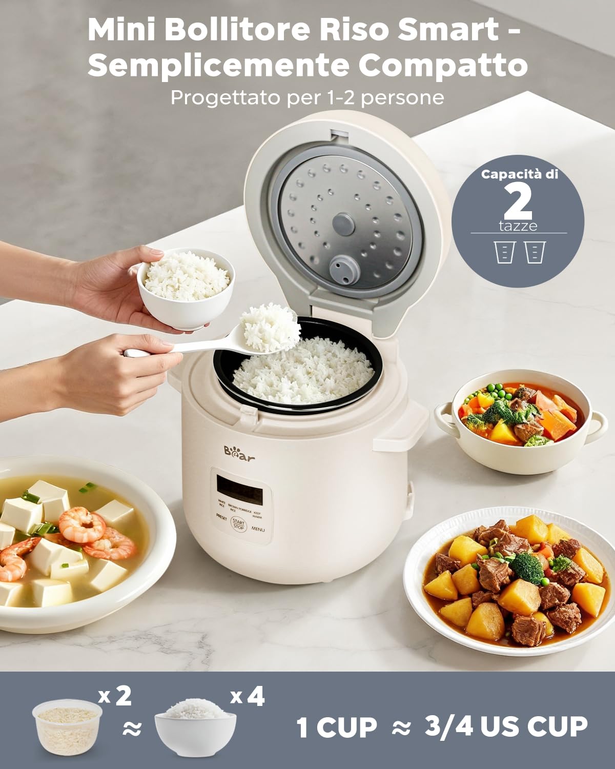 Bear Cuociriso 2 tazze non cotte, multifunzione da 300 W, con funzione di mantenimento del calore, funzione preimpostata, mini cooker elettrico, grigio