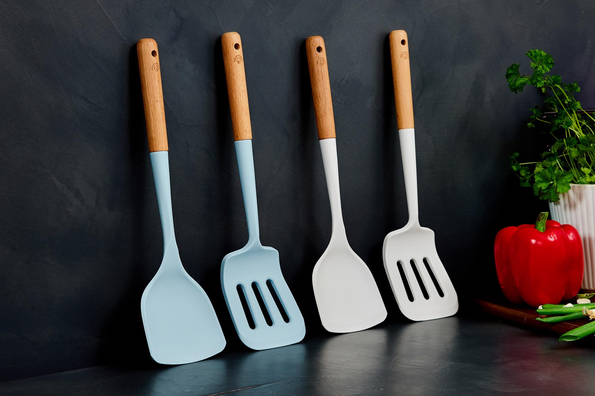 Yum Asia Premium Turner Spatula with Beech Wood Handle and Premium Silicone (Ice White, Slotted Turner Spatula) - Image 3