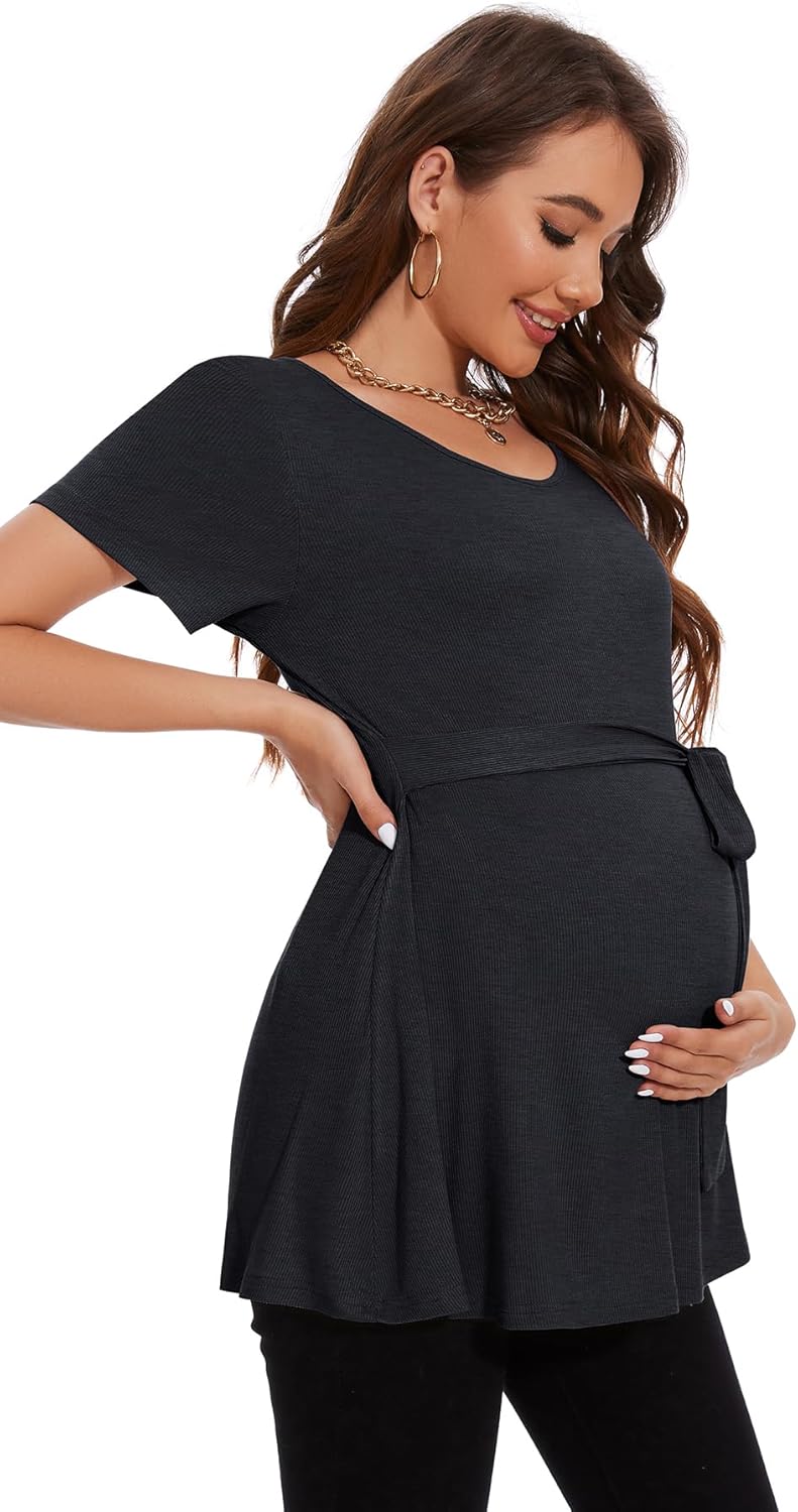 Smallshow Women's Maternity Shirts Tie Front Short Sleeve Pregnancy Tops Clothes - Image 2