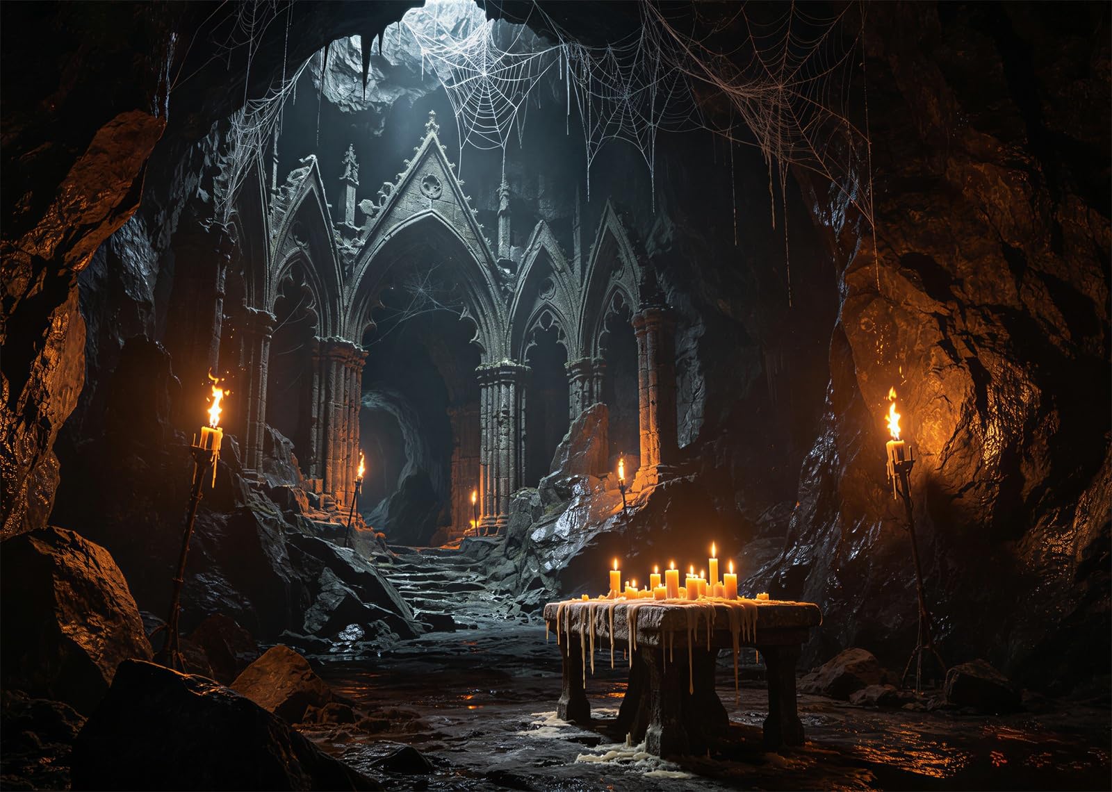 BELECO 3.6x2.5m Sfondo in tessuto Rovine Grotta Gotica Sotterranea Scura | Porta Ad Arco In Pietra Gotica Rovine Cattedrale Grotta Illuminata Da Candele Ragnatela Halloween Telo Di Sfondo