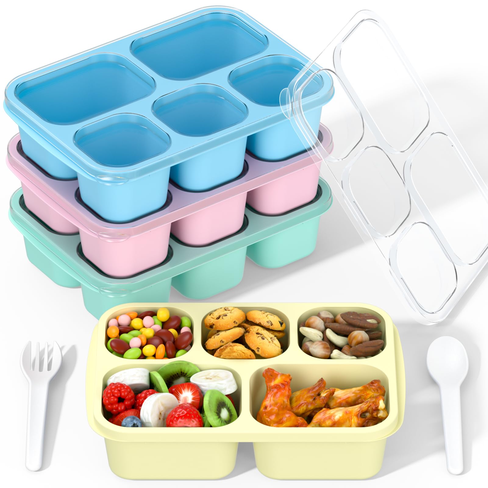 Bento Box Adult Lunch Box - 4 Pack, 5 - Compartment Meal Prep Container for Kids, Reusable Food Storage Snack Containers - Stackable for School, Work, and Travel (PP(Blue/Pink/Green/Yellow))