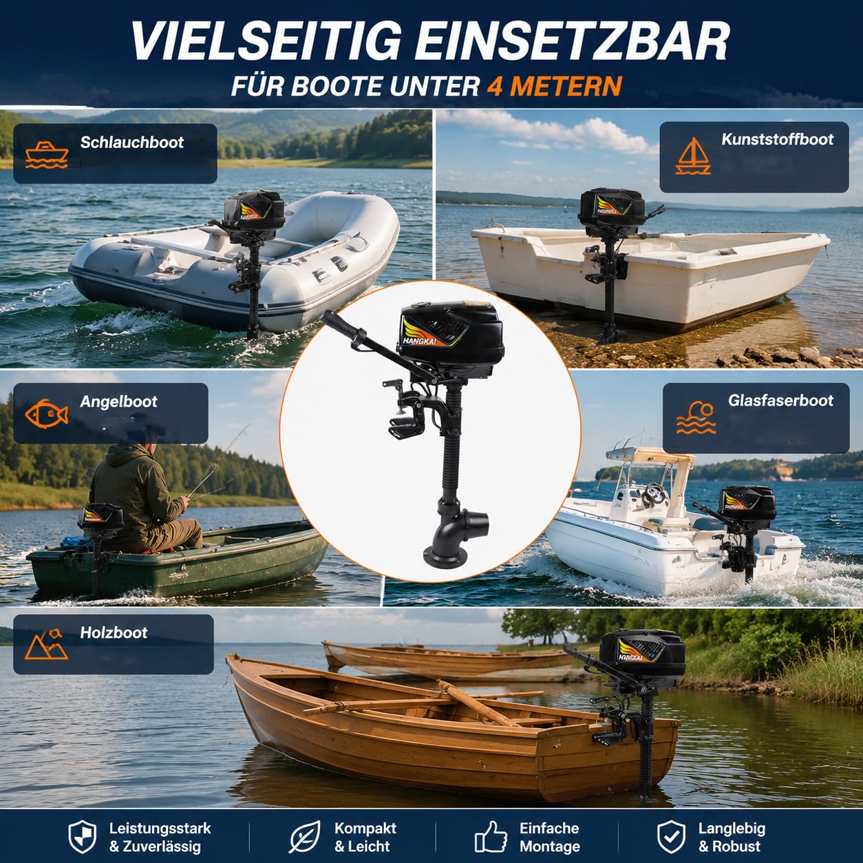 1000W Außenbordmotor, Elektrischer Anlasser mit 3000–3700 U/min | 1,0 PS Außenborder, Aluminium Bootsanlasser für Aufblasbare Fischerboot Fischerboot und Angeln, (Ohne Batterien)