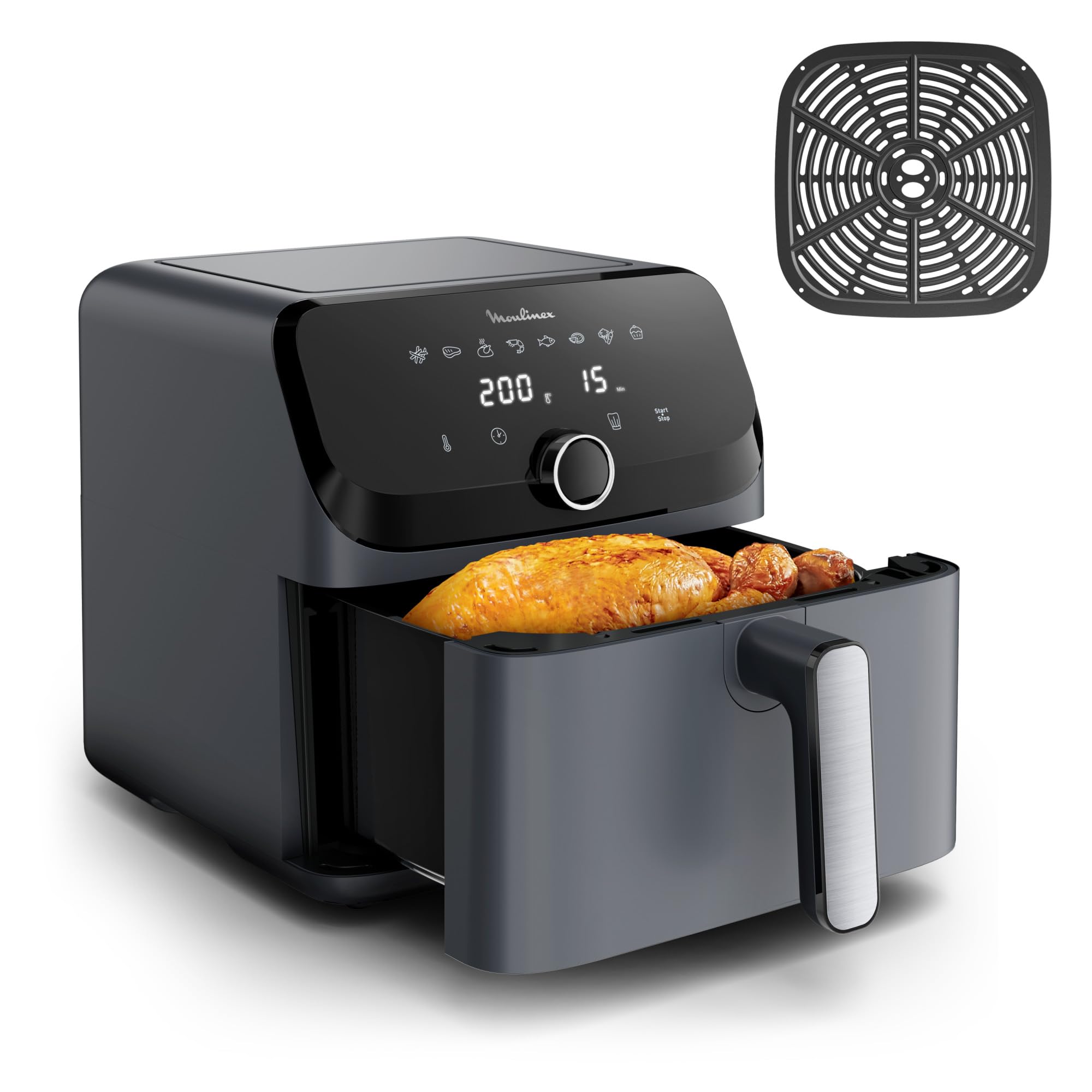 Moulinex Easy Fry Mega, Friggitrice ad Aria Versatile 7,5L/2kg per 8 Persone, 1700-2020W, Capacità Extra-Large, 9 Programmi di Cottura, Esperienza Personalizzata con My Moulinex, Colore Grigio, EZ855B
