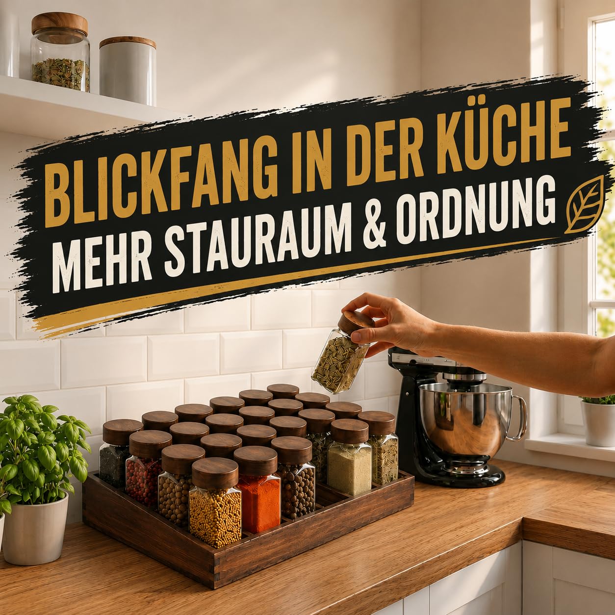 SAEIV Gewürzregal Holz Akazienholz Tablett-Gewürzständer 24x120ml Spice Jars Gewürzgläser Eckig Spice Rack Gewürzgläser Gewürz Organizer mit Edelstahltrichter,Etiketten für Küche&Esstisch