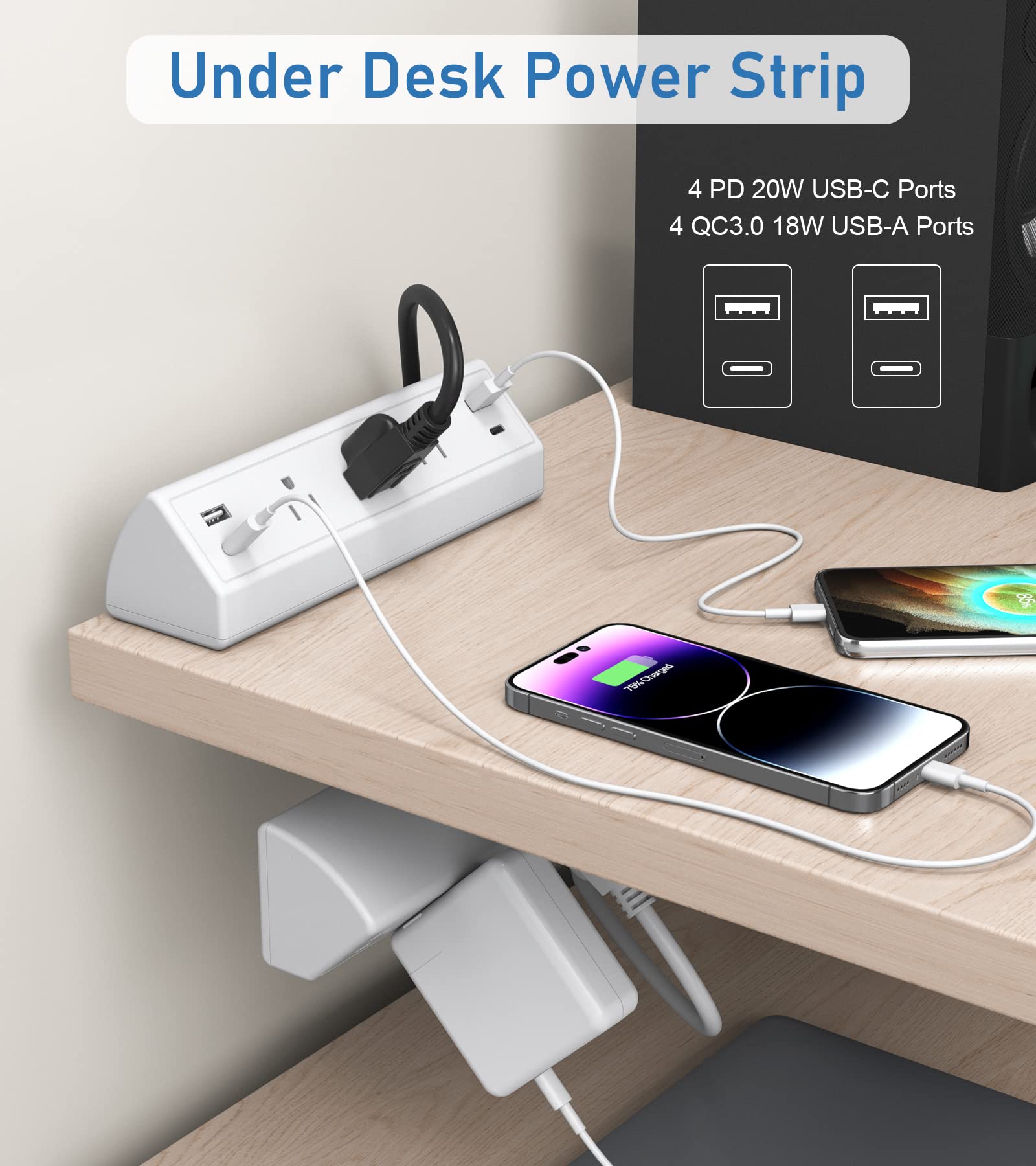 2 in 1 Clamp Power Strip with USB C,Power Strip Surge Protector 1200J,Under Desk Power Strip with 6 Outlets, 4 20W USB-C, 4 18W USB-A,6ft Extension Cord Power Strip for Desk, Fit 1.6" Desk Edge