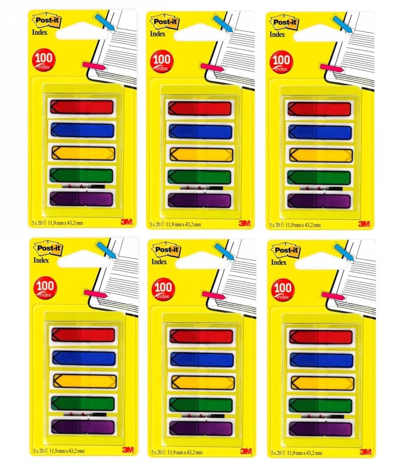 Post-it Pfeil-OTG-Spender, 11,9 x 43,2 mm, 5 Farben/Packung, 6 Packungen/Box, verschiedene Farben, Highlight, keine Beschädigung, Seitenmarkierungen, Buchregister, Haftindex, 20 Flaggen/Farbe