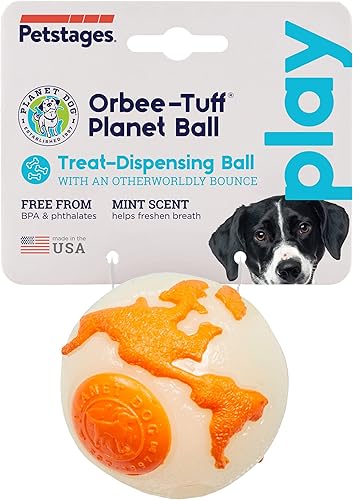 Miniatura 2 de Planet Dog Orbee-Tuff Planet Ball - Juguete dispensador de golosinas naranja que brilla en la oscuridad, tamaño mediano