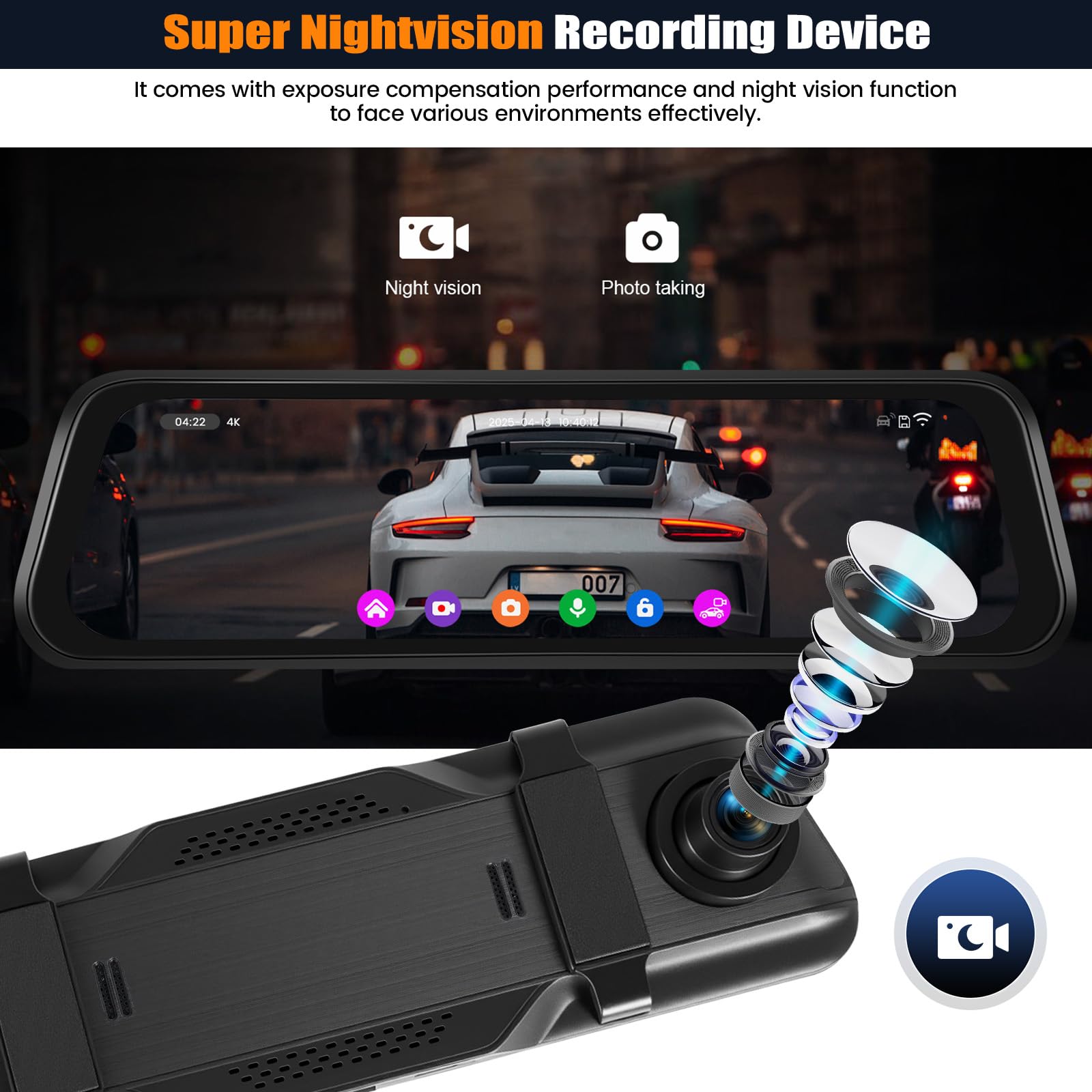CAMECHO Retrovisor 4K 9.66 Pulgadas Mirror Dash CAM Coche con Cámara 1080P, Delantera 150° y Trasera Dashcam 120° con ADAS y BSD Línea Inversa, Visión Nocturna, Sensor G, GPS y WiFi