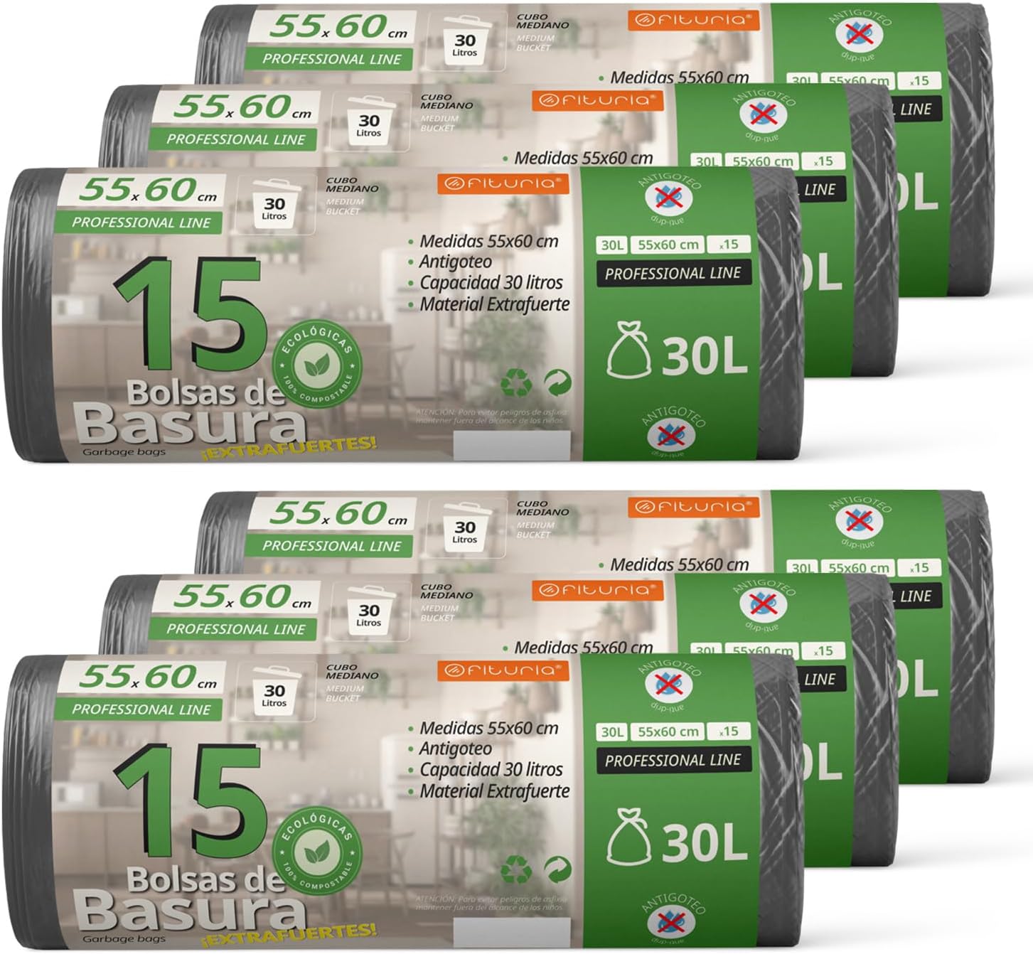 Trash Bags, Trash Bags, 30L, Durable, Suitable for 30L Trash Bins, Leakproof, Easy Self-Closing Bags, Suitable for All Types of Waste, 55 x 60 cm – Ophituria (45 Bags, 30L)