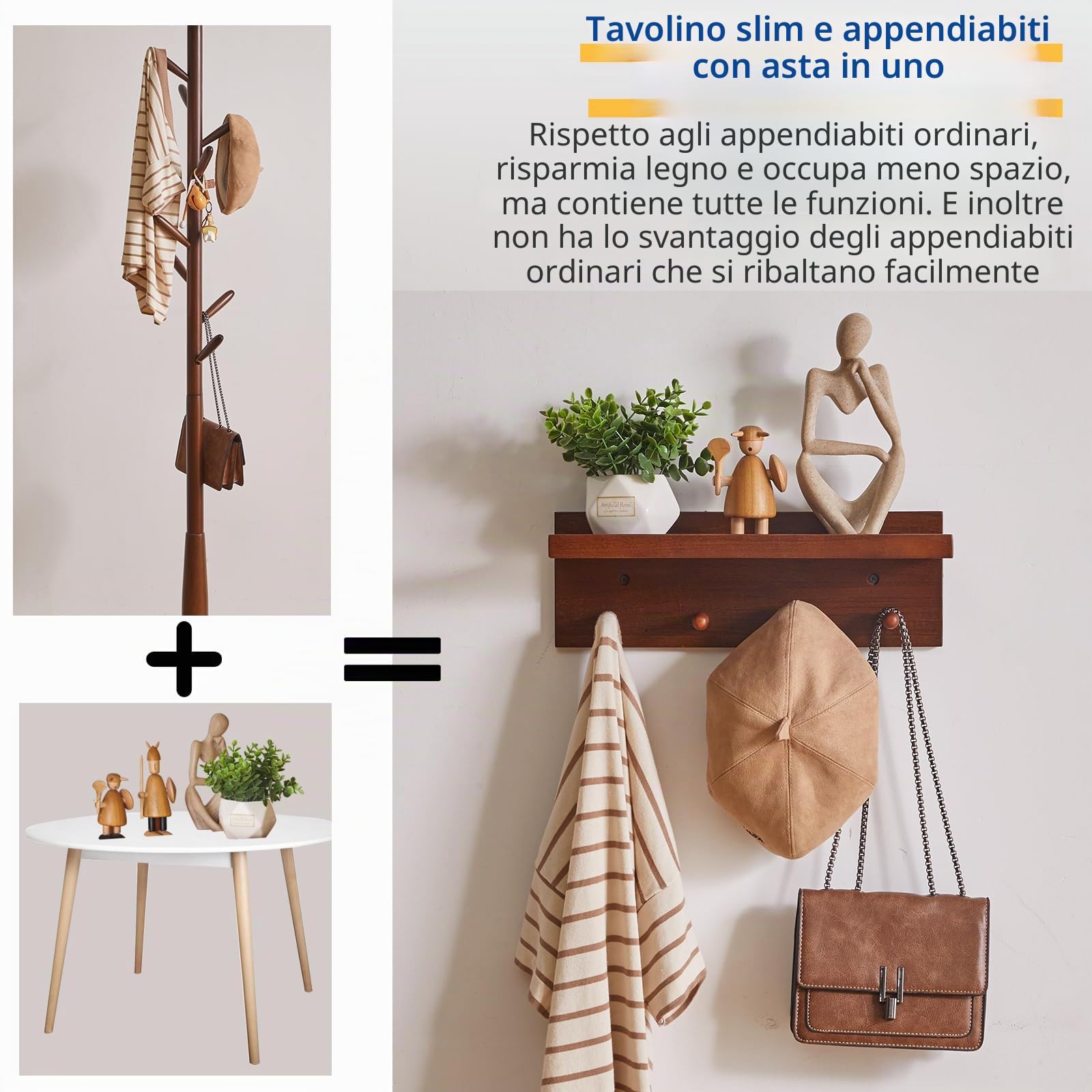 Aibiju Appendiabiti da Parete con Mensola 40 cm, Ganci da Parete in Legno con Contenitore, per Ingresso, Bagno, Cucina, colore Noce YD-WS0240H