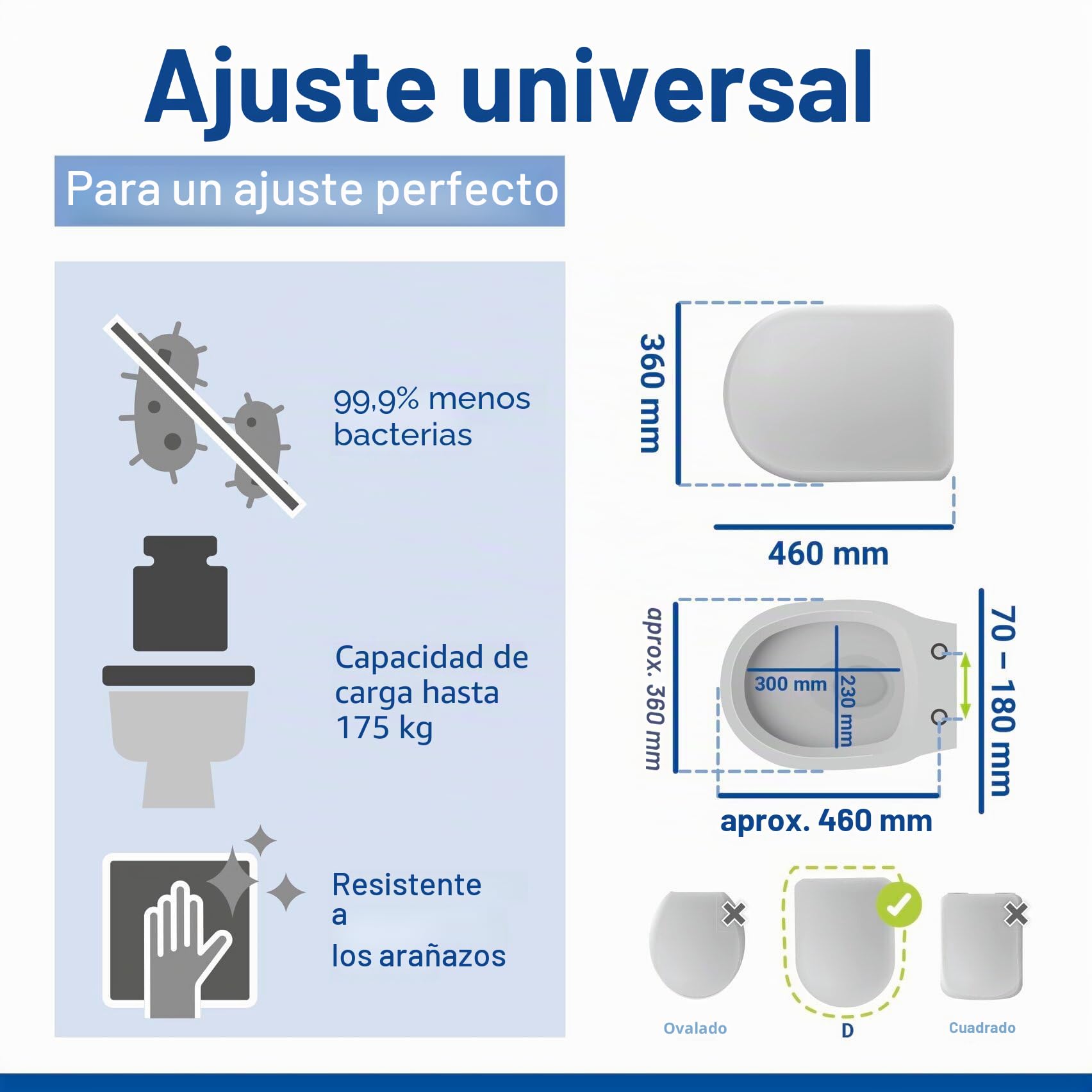 Asiento de inodoro Galati, asiento de inodoro plano en forma de D con mecanismo de cierre suave, de duroplast, fijación Fix-Clip, blanco mate
