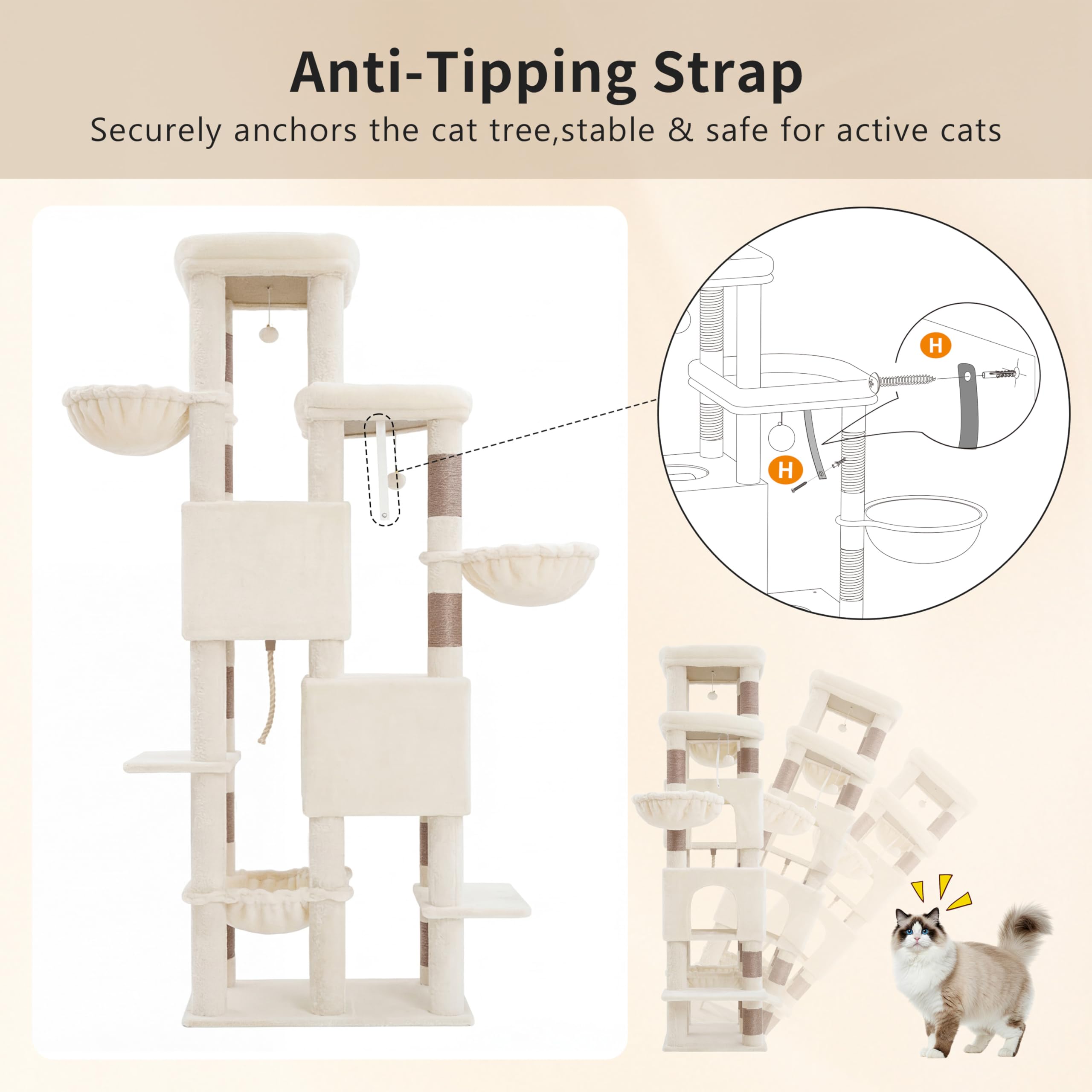 Heybly Árbol Rascador para Gatos Grandes, 190 cm Rascador para Gatos XXL, Torre Alta y Espaciosa con Amplia Plataforma Superior, Base Estable, 2 Casitas, Hamaca y Postes de Sisal, Beige HCT062MJ