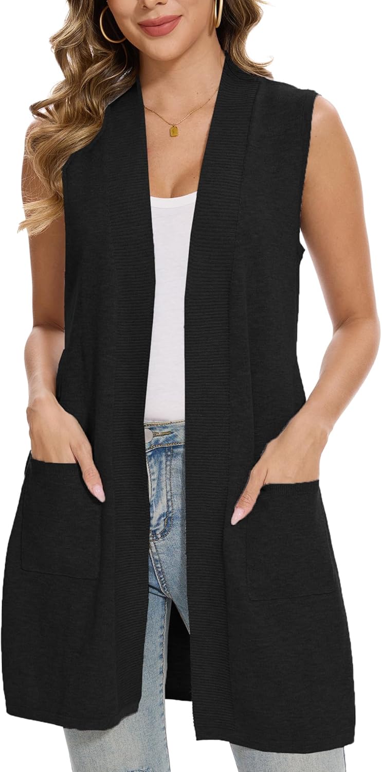 Beautiful Nomad Sleeveless Cardigans for Women Long Sweater Vest Jacket Ribbed Outerwear Coat with Pockets