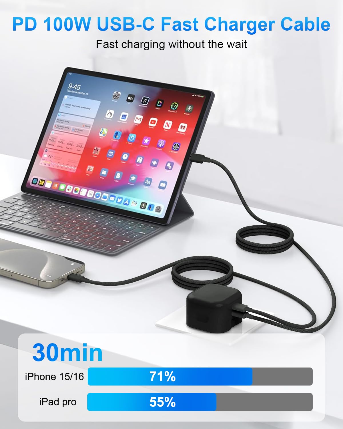 Poutek Cavo USB Type-C 3 Metri, 100W Cavo USB C a USB C Cavo Type C to Type C 3M Lungo Cavo Ricarica USB C Cavetto per iPhone 16/16 Pro Max/15/15 Pro Max/15 Plus, Macbook, iPad