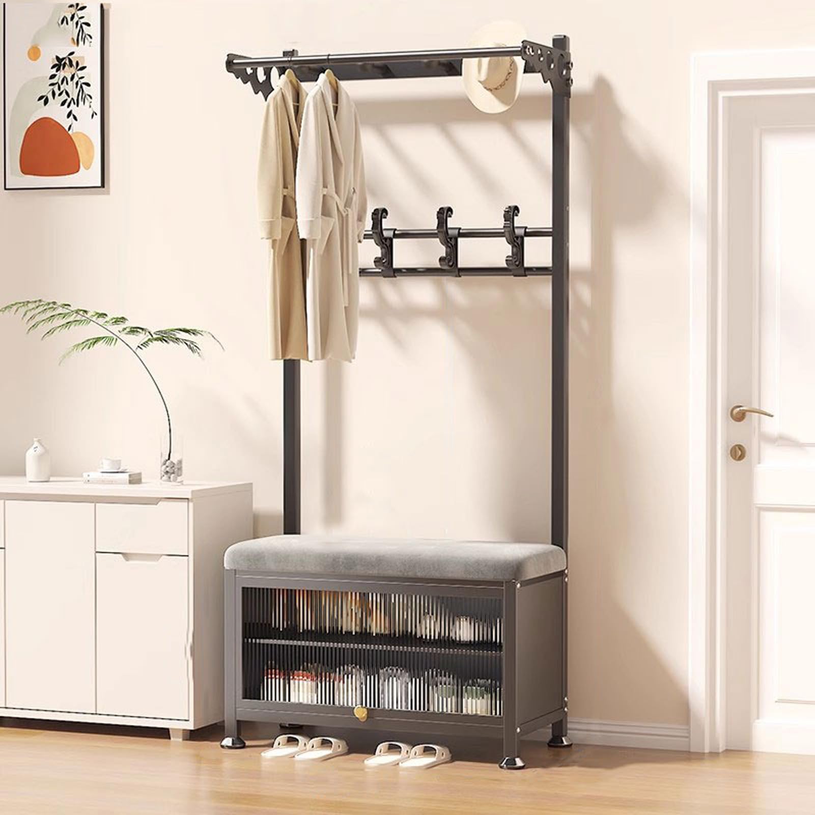 Vestiaire portemanteau avec banc : meuble d'entrée 3-en-1 compact sur roues
