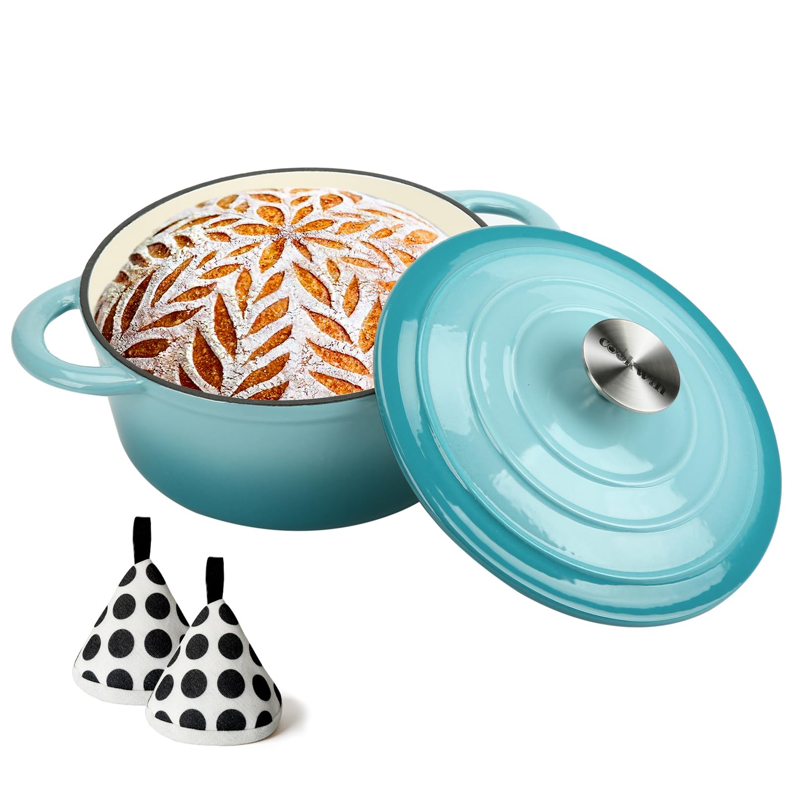 Enameled Cast Iron Dutch Oven, 5 QT Bread Baking Pot with Self Basting Lid, Non-stick Enamel Coated Cookware Pot, Great Christmas Gifts for Family, Teal