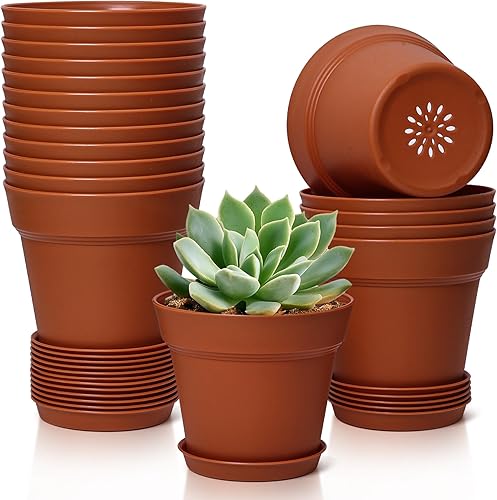 T4U Macetas de 6 pulgadas, paquete de 18 unidades, maceta pequeña de plástico con orificio de drenaje y platillo, maceta decorativa para vivero, a