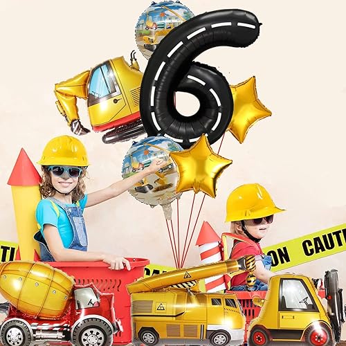 Miniatura 5 de Globos de camión de construcción, suministros de fiesta para niños de sexto cumpleaños, decoraciones temáticas de tractor y recuerdos de fiesta