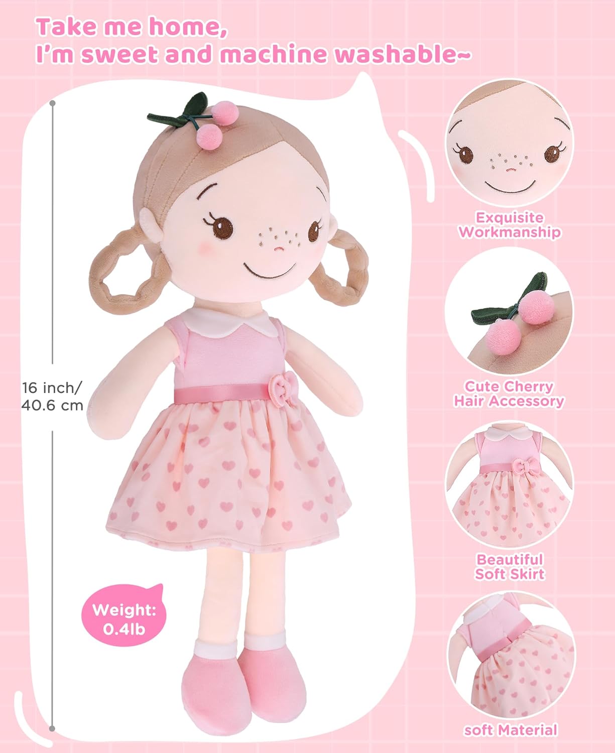 GAGAKU Soft Baby Doll Toys (16'') for Girls, My First Baby Rag Dolls for 1 Year Old Girl Birthday Gift Plush Doll Toys Machine Washable Baby Doll for Toddler Kids Infants - Cherry Girl