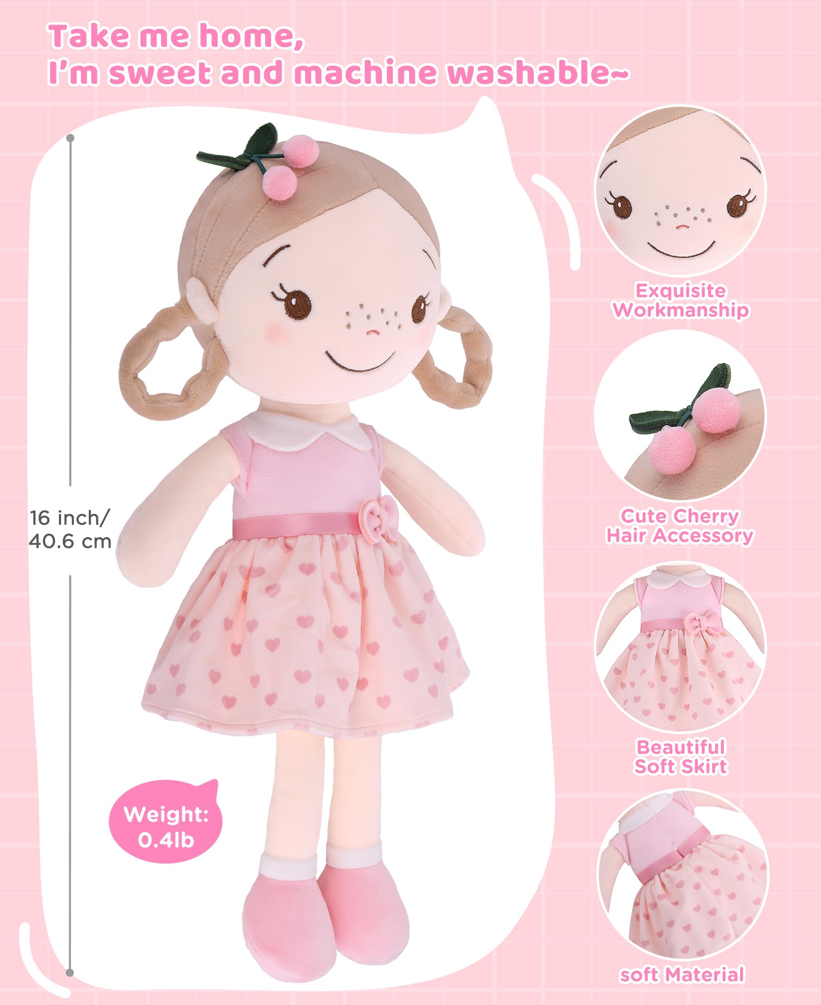 GAGAKU Bambola di stoffa morbida 40 cm Bambole angelo custode, regalo per battesimo per bambine, peluche portafortuna per bambini dai 3 ai 5 anni - Ragazza Ciliegia