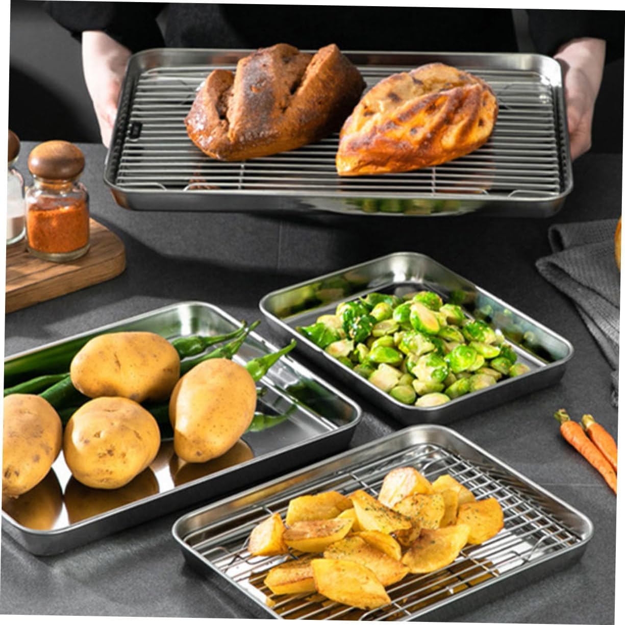 2sets Stainless Steel Baking Tray with Rack Oven Pan for Cookies Pastries and More for Everyday Cooking and Baking Needs Resistant