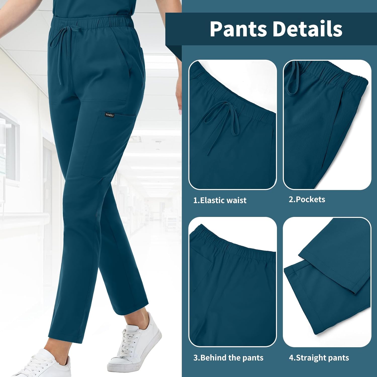 VIAOLI Scrubs for Women Set Modern V-Neck Top & 8 Pocket Jogger Pants Nursing Uniform Solid Stretch Workwear - Image 3