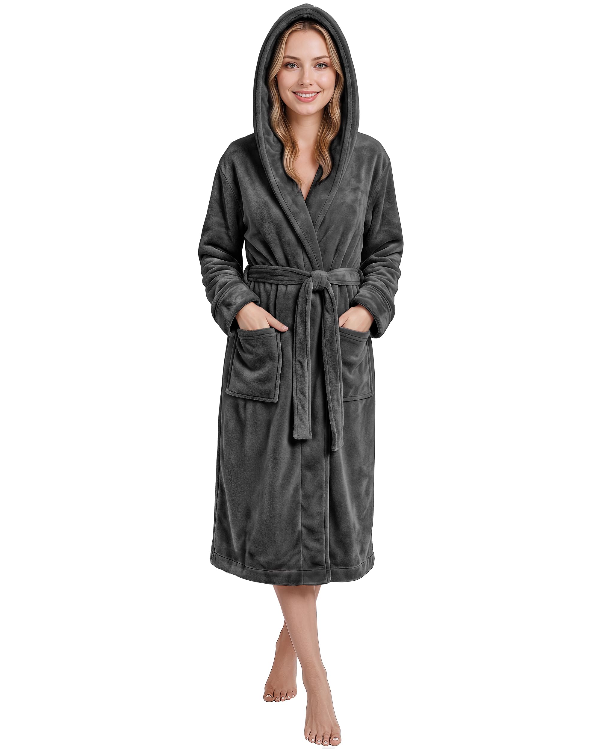 NY Threads Morgenmantel Damen mit Kapuze Fleece Plüsch Weich Bademantel Nachtwäsche Hausmantel