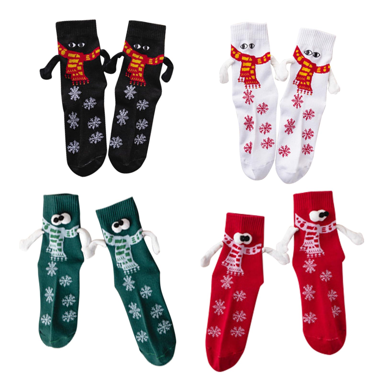Yawlsow Lot de 4 paires de chaussettes de Noël amusantes avec ventouses magnétiques 3D pour couple, famille, amis, Rouge + vert + noir + blanc, taille unique