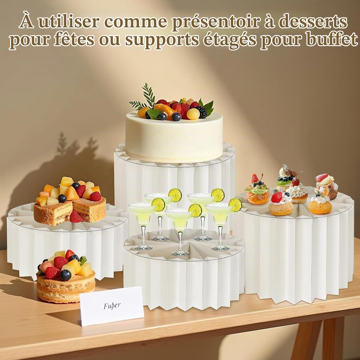 MALLOOM Lot de 4 Rehausseurs de Buffet – Présentoirs Blancs Cylindriques en Carton pour Desserts, Gâteaux, Bijoux, Figurines – Idéal pour Fêtes, Mariages, Collectors