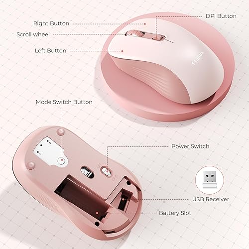 Miniatura 6 de seenda Ratón inalámbrico, Bluetooth y modo dual USB de 2.4 G para computadoras portátiles y computadoras, compatible con Mac y Windows, color rosa