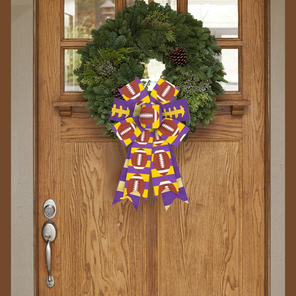2PCS American Football Wreath Bows Football Bows Yellow Purple Strips Burlap Bow for Wreath, Sports Fabric Linen Ribbon Bow for Super Bowl Party Home Indoor Outdoor Decoration Wreath Ornament Supplies image 3