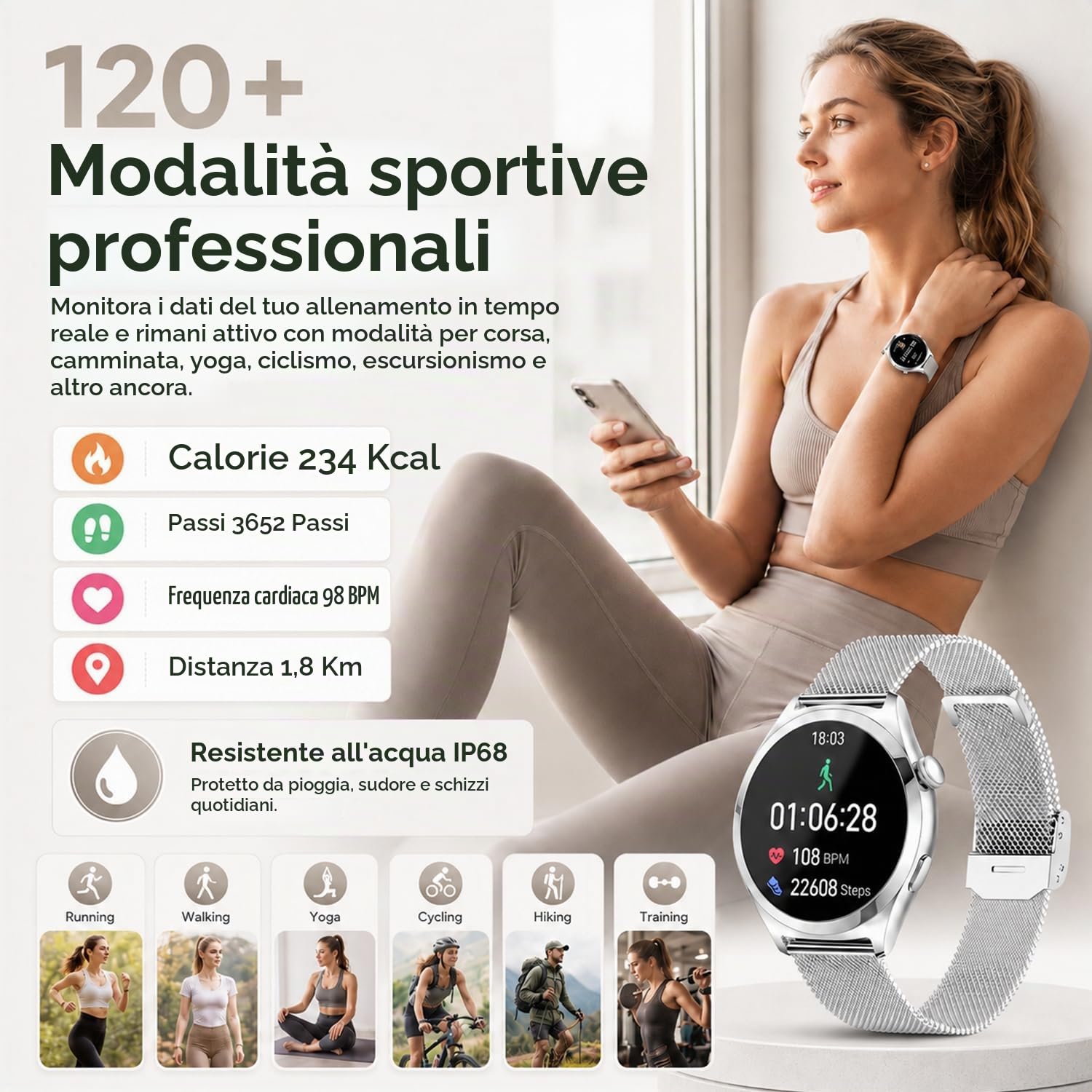 Smartwatch Donna, 1.27" Orologio Smartwatch con Chiamate, Cardiofrequenzimetro SpO2 Sonno, Activity Tracker Passi Calorie, 120+ Sport, IP68 Smart Watch Fitness per iOS Android Argento