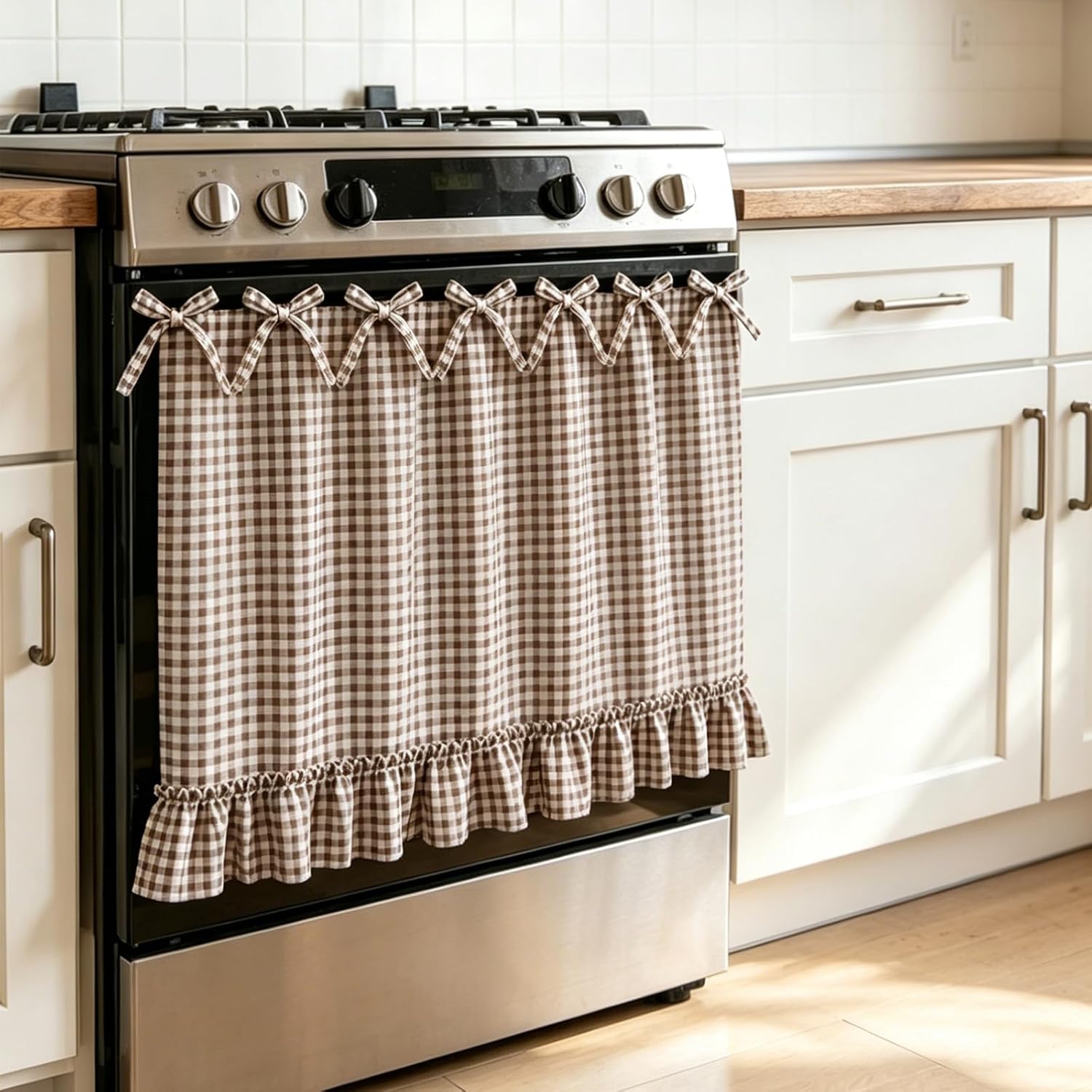Oven Skirt Curtain Tie Top Farmhouse Plaid Stove Dishwasher Curtain Cover