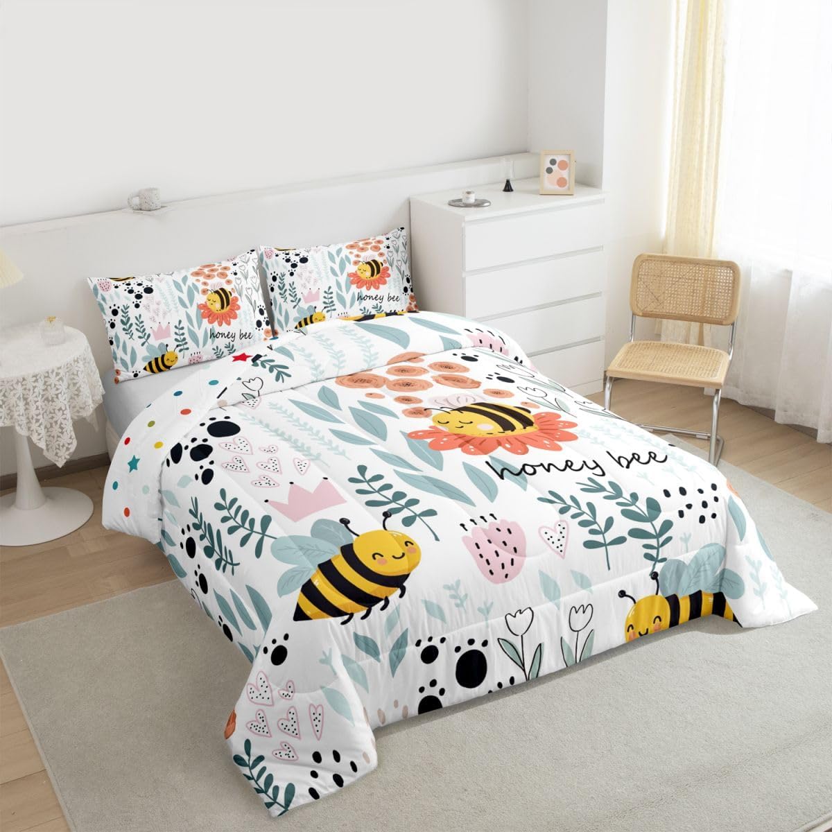 Erosebridal かわいい蜂の寝具セット、漫画の蜂の掛け布団セットツイン、かわいいラブハートリーフフラワー掛け布団セット 子供