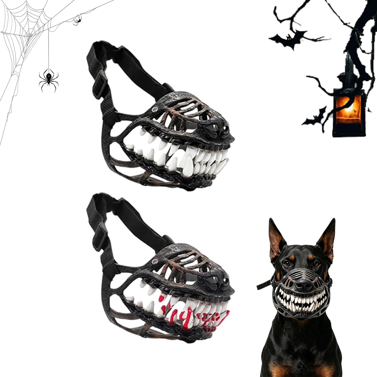 Scary Dog Muzzle with Large Teeth, Adjustable Werewolf Muzzle for Halloween Pet Costume, Breathable Anti-Bite Mouth Guard for Small Medium Large Dogs, Creepy Holiday Party Prop (Mix*2,L)