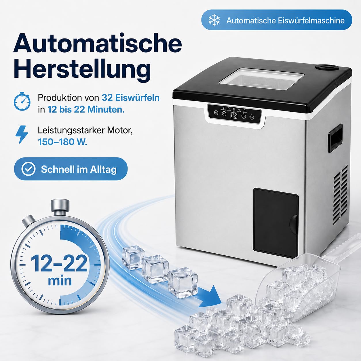 Máquina de cubitos de hielo 2 en 1 con depósito, pala de hielo, 32 dados, 12-22 min | Con depósito de hielo triturado de 1,8 L, 1000 g, pantalla LCD, para casa, oficina, cafetería, fiesta, RV