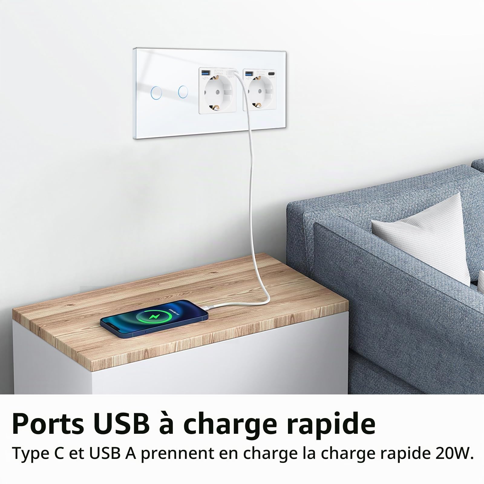CNBINGO Interrupteur tactile et double prise USB (charge rapide type C+A, 20 W) – Prise Schuko encastrée – Interrupteur mural en verre double avec LED