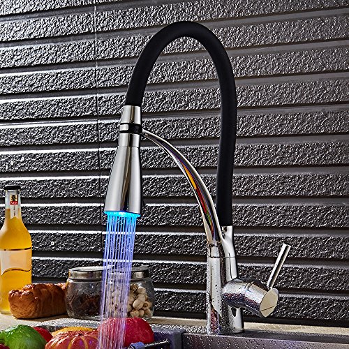 Hotbestus Led Pull Out Kitchen Faucet with Sprayer Single Handle High Arc Mixer Tap Pull down 360 Swivel Spout Chrome Solid Brass Black (1/2 connector, led black)