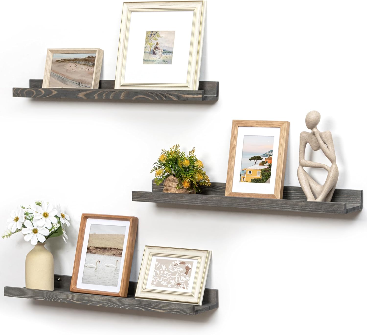 Picture Ledge Wall Shelves - 24 Inch Width Set of 3, Solid Pine Wood Rustic Floating Ledge Shelves for Kids' Room, Bedroom, Kitchen, Bathroom, Living Room, Nursery Display Wall Decor, Grey Grey 24'', set of 3
