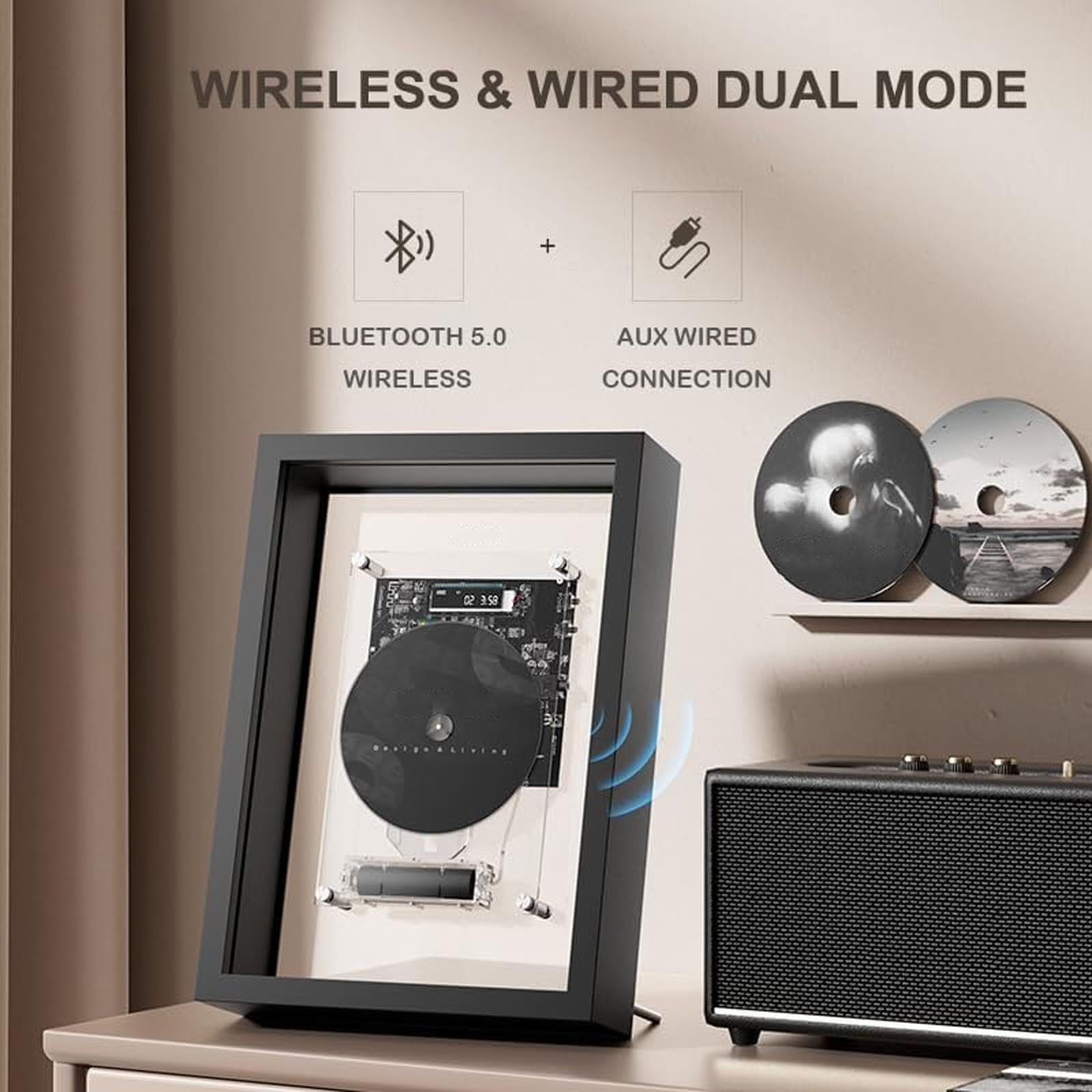 Odtwarzacz CD z wyjściem Bluetooth i AUX, dekoracyjna ramka na zdjęcia, pilot zdalnego sterowania, obsługuje CD-DA/CD-R/CD-RW, nadaje się do dekoracji domu, galerii i biura