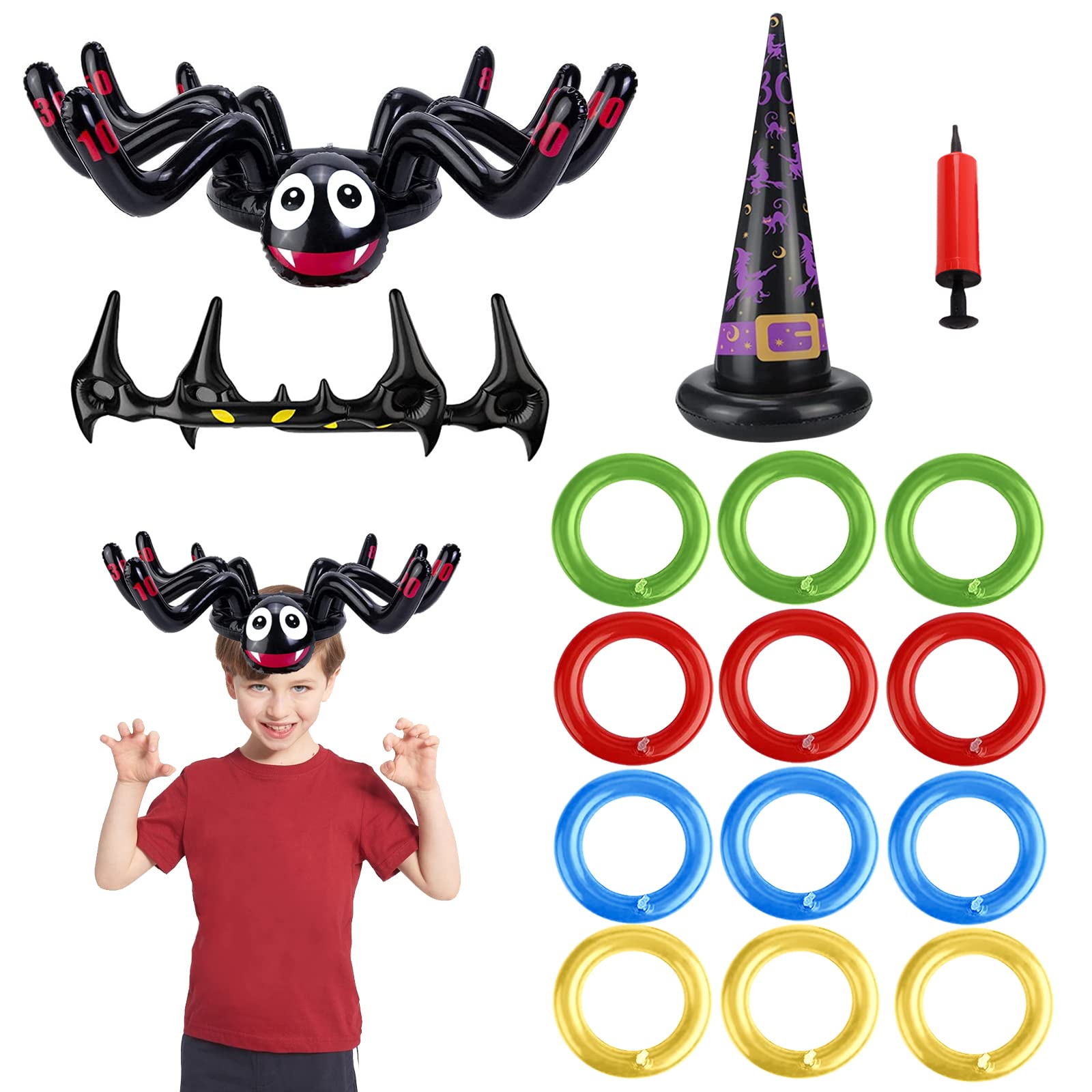 NEWHOMESTYLE 16 Pcs Halloween Ring Toss Games Set, Inflatable Spider Bat Witch Hat Ring Toss with 12 Rings and Inflator for Kids Adult Carnival Party Outdoor Indoor