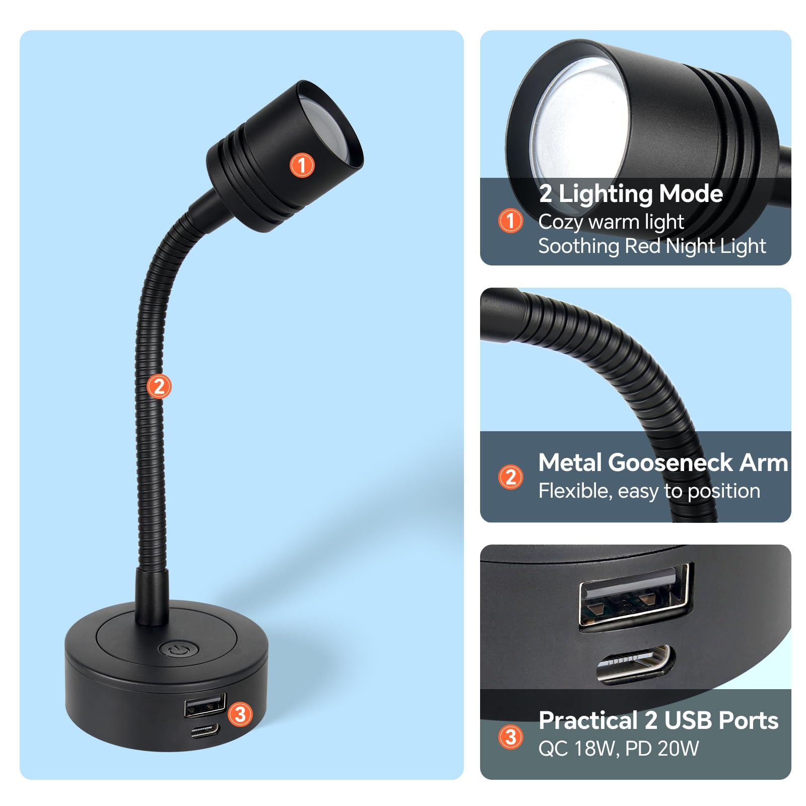 2 x Lampe de Lecture 12V LED Spot 3200K (Dimmable) et Veilleuse Rouge Douce, Équipé de Ports USB-A et USB-C, Flexible Col de Cygne Applique pour Camping-Car Bateau Caravane Voiture (Noir)