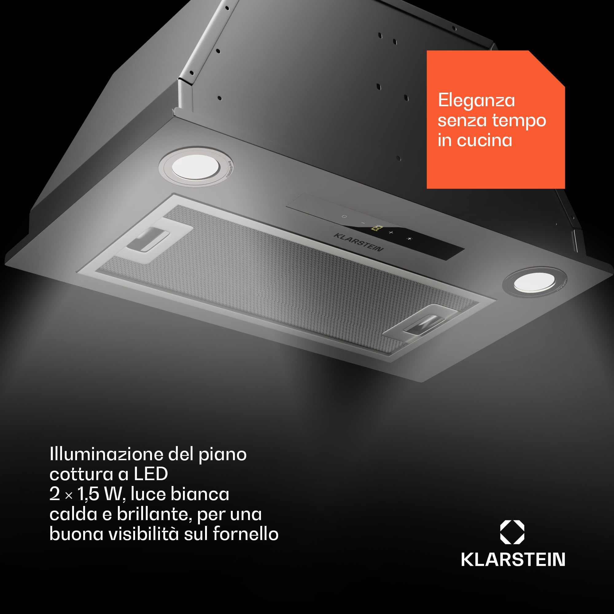 KLARSTEIN Paolo - Cappa da cucina a incasso, cappa sottopensile, 600 m³/h, 200W, filtro antigrasso in alluminio, LED integrato, touch, acciaio inox (Acciaio inox, 52 cm)
