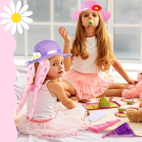 Miniatura 7 de Juego de 48 piezas de disfraces para fiesta de té para niñas, incluye guantes de fiesta de té y sombrero, boa de plumas para niños, bolsos, abanicos