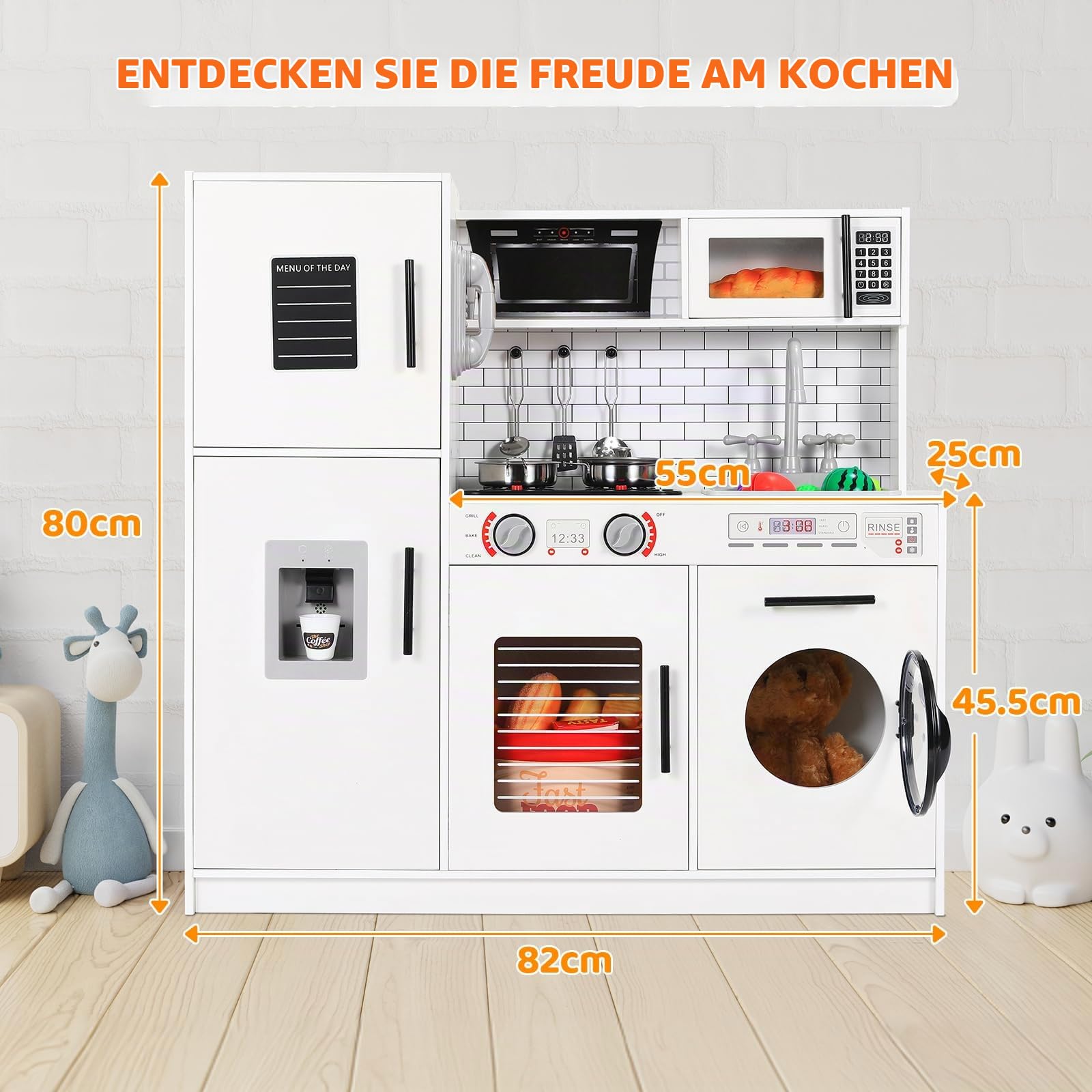 Clevich Kinderküche Holz für Kinder Kinderzimmer, Kita, Geburtstag MDF mit Waschmaschine, Eismaschine, Herd, Spüle, Mikrowelle, Backofen, Telefon, Sound Licht Spielküche, Weiß 82x80x25 cm