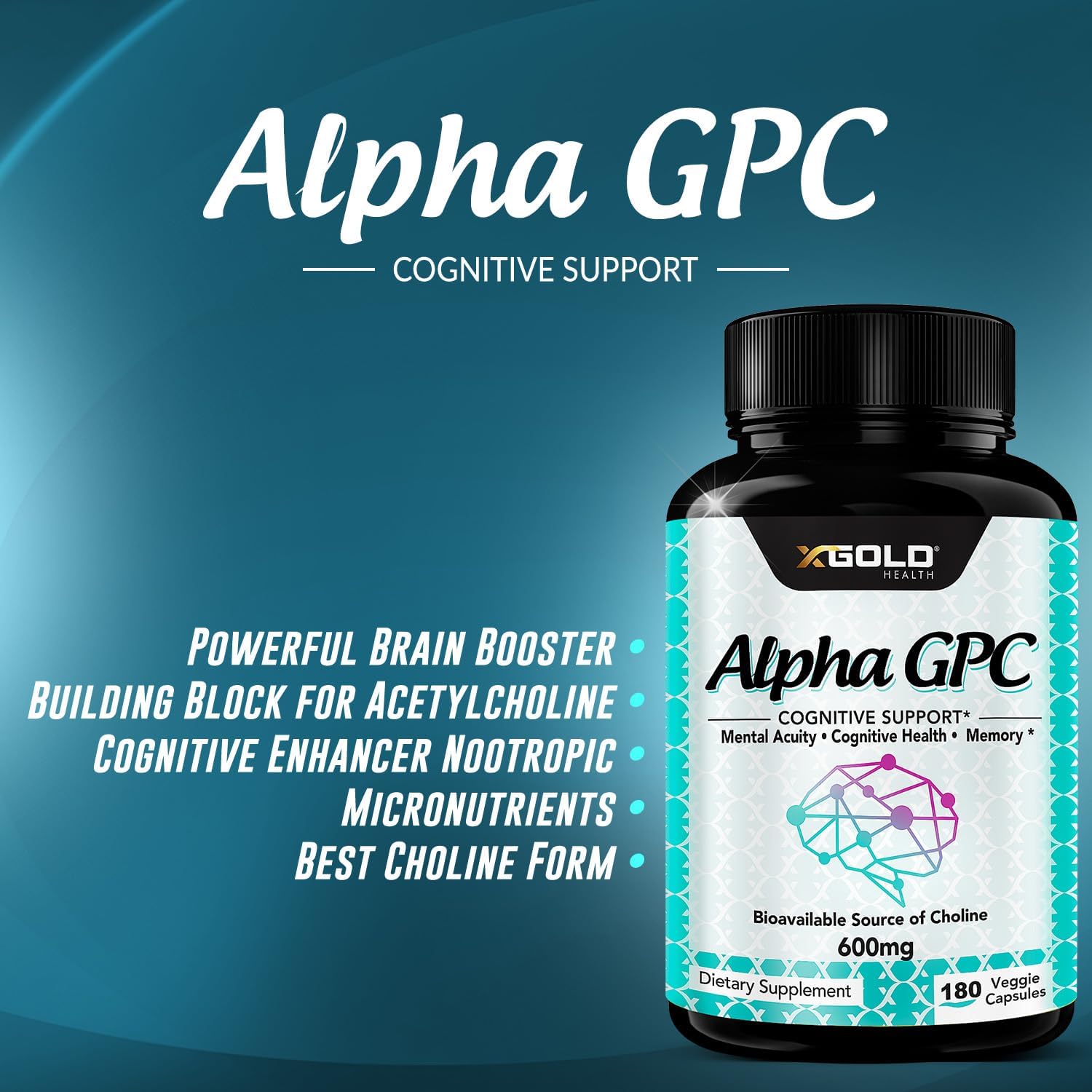 Alpha GPC Choline Supplement 600mg, 99%+ Highly Purified, Highly Bioavailable Source of Choline,180 Veggie Capsules, Cognitive Enhancer Nootropic, Supports Memory & Brain Function, Boosts Focus & Mood - Image 5