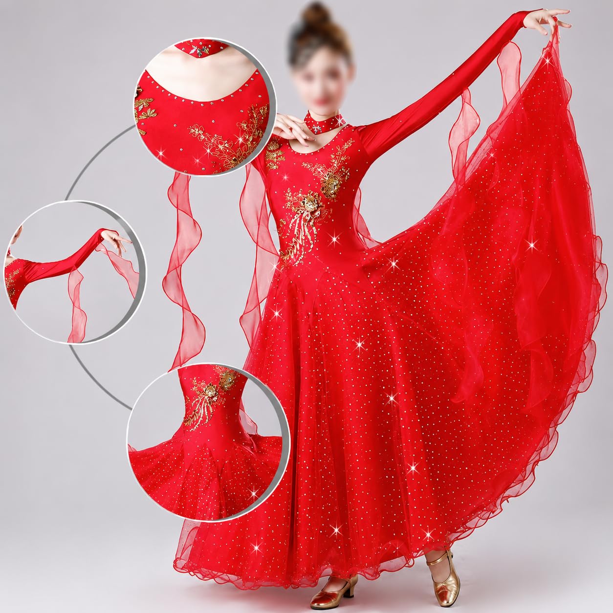 Ballsaal Tanzkleid Für Damen, Elegantes Langarm Tanzkleid Für Walzer Und Tango Modisches Tanzkleid Mit Rundhalsausschnitt Und Strass Für Tango Cha-Cha Rumba Salsa Und Partys
