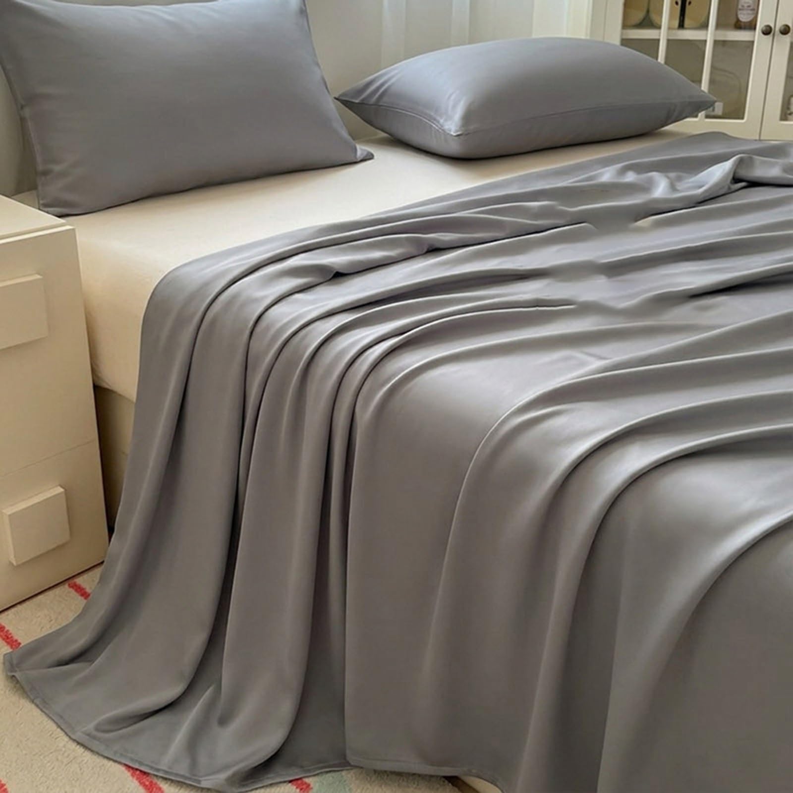 Zestaw pościeli Queen, prześcieradła chłodzące, niepomarszczona mikrofibra | Pościel queen-size głębokimi kieszeniami Hotelowa luksusowa jedwabista pościel gorących podkładów(Gray2,180x245cm 3Pcs)