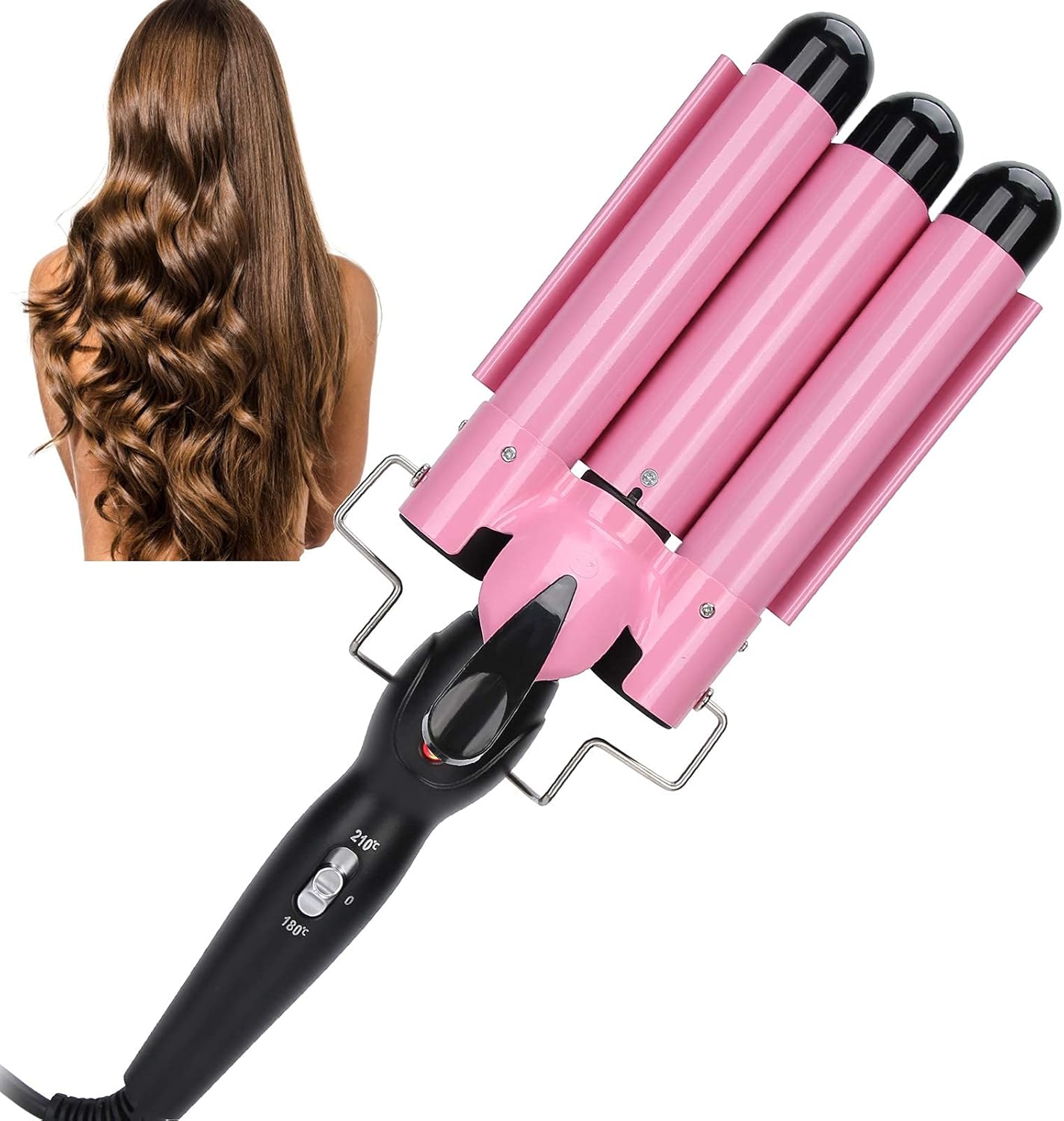 Orlenic 3 Barrel Hair Curling Iron Wand, Pink Electric Fast Heating Triple Barrel Hair Waver with Adjustable Temperature, Ceramic Tourmaline Crimper Styling Tool for Salon, Barber, and Home Use (28mm)